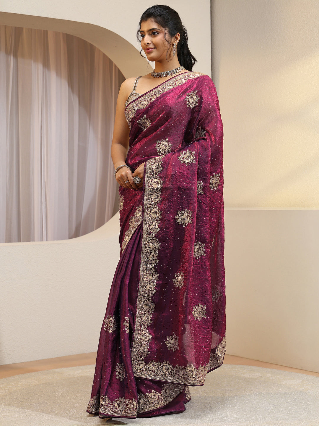 Burgundy Floral Embroidered Tissue Saree