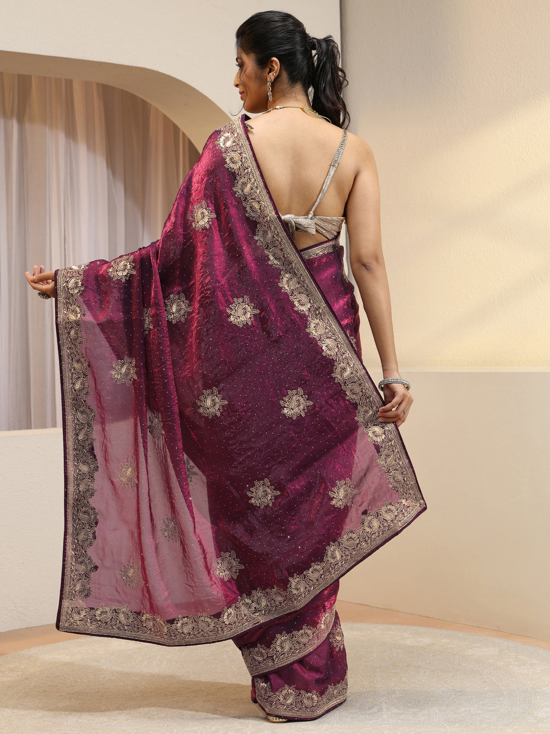 Burgundy Floral Embroidered Tissue Saree
