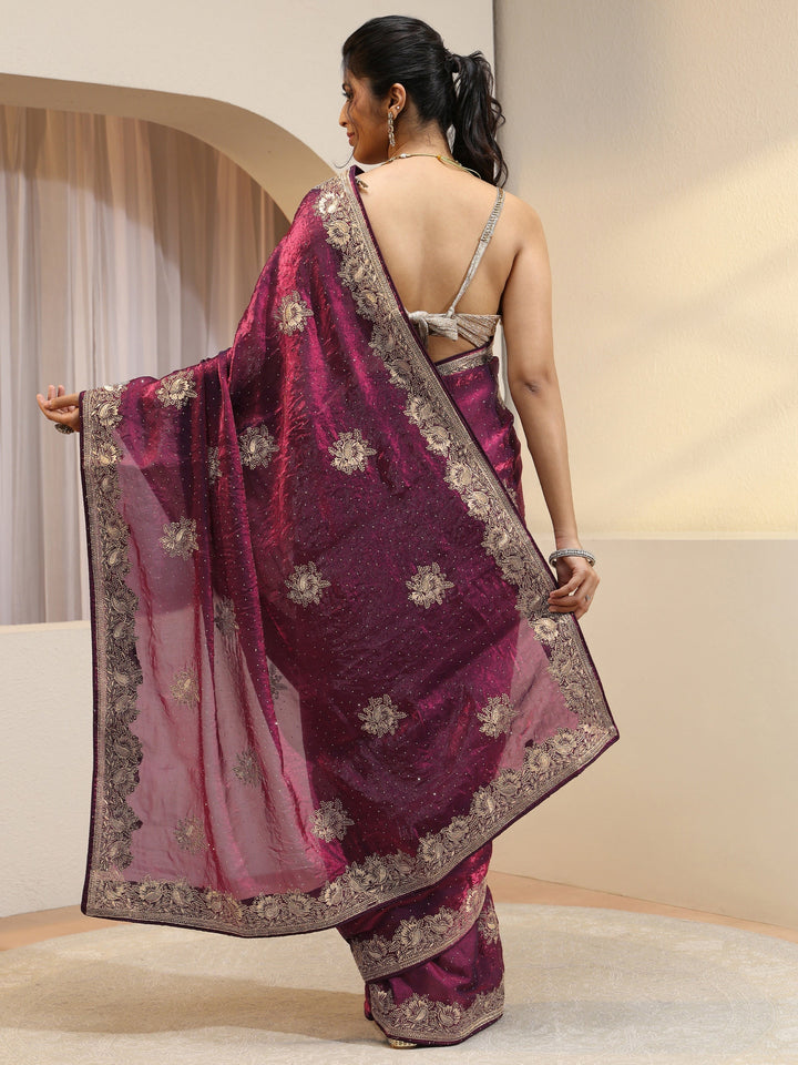 Burgundy Floral Embroidered Tissue Saree