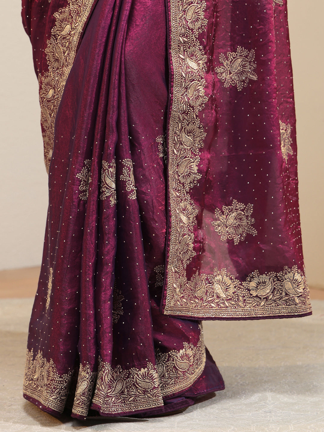 Burgundy Floral Embroidered Tissue Saree