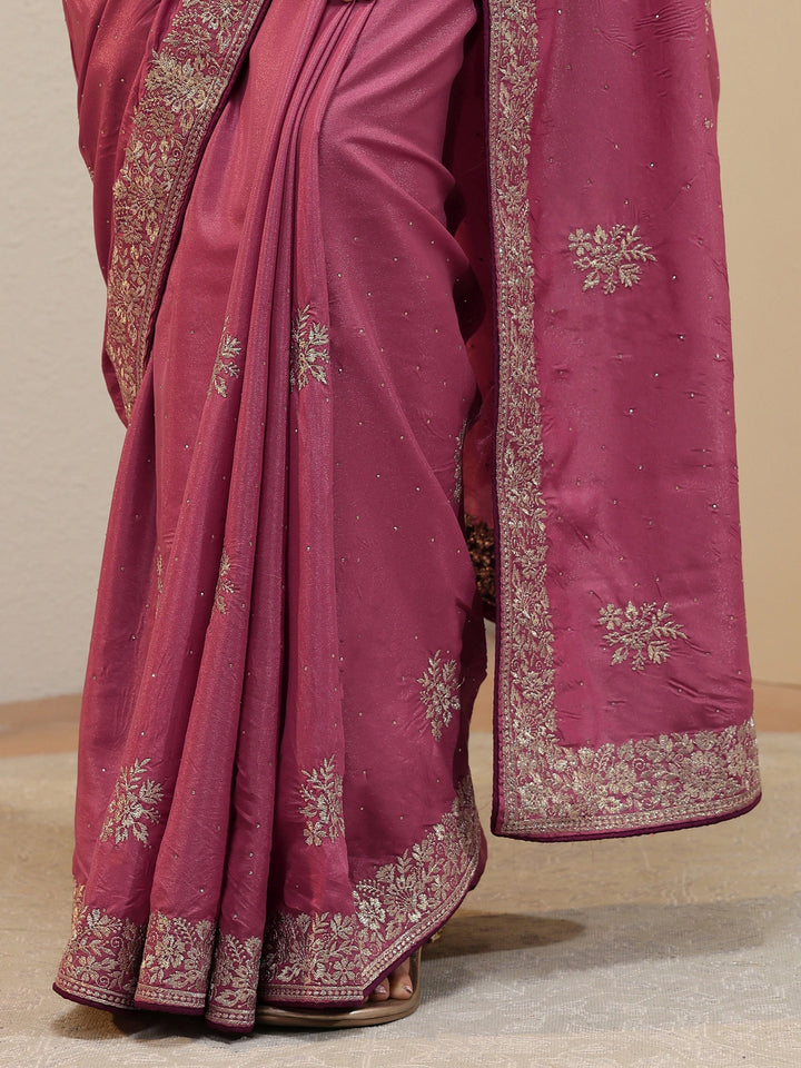 Dusty Pink Floral Embroidered Silk Blend Saree