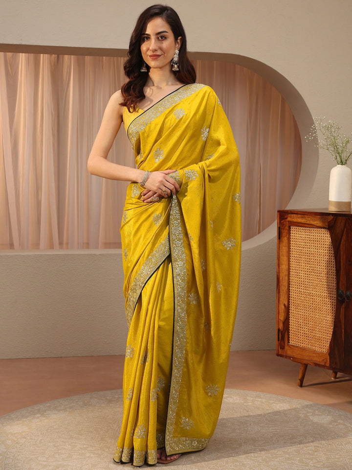 Mustard Floral Embroidered Silk Blend Saree