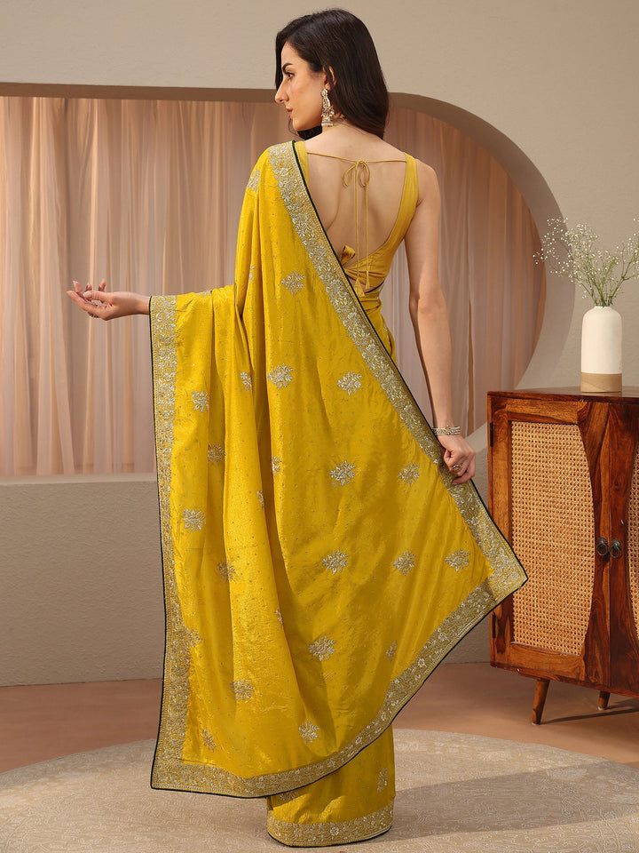 Mustard Floral Embroidered Silk Blend Saree