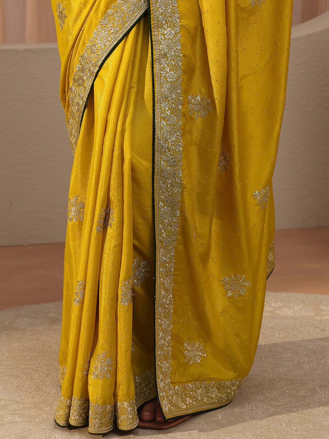 Mustard Floral Embroidered Silk Blend Saree