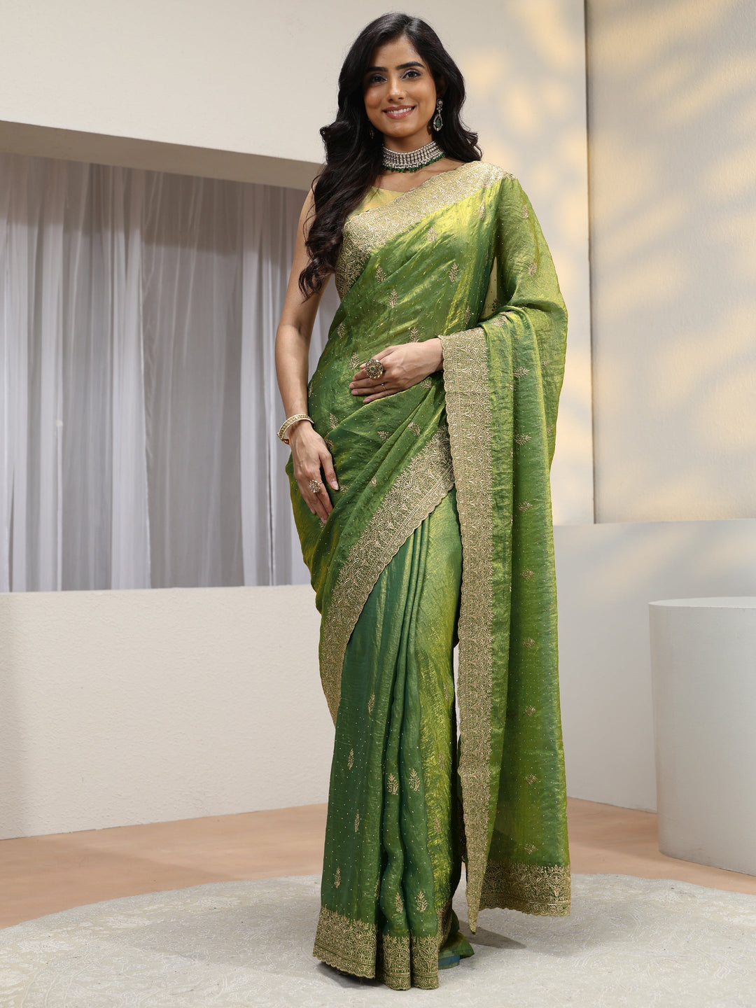 Fern Green Floral Embroidered Tissue Saree