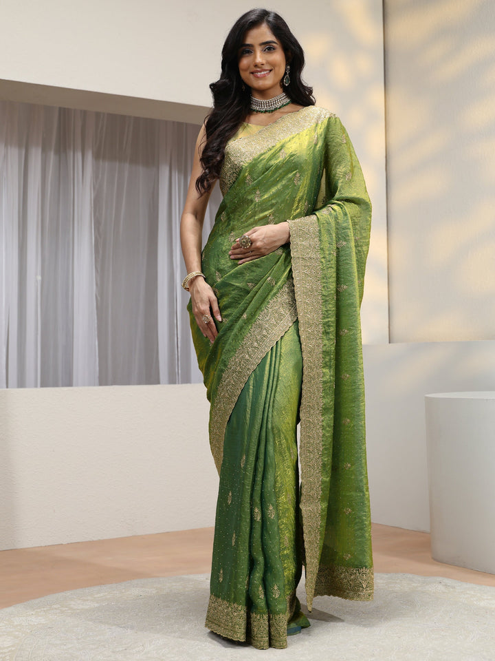 Fern Green Floral Embroidered Tissue Saree