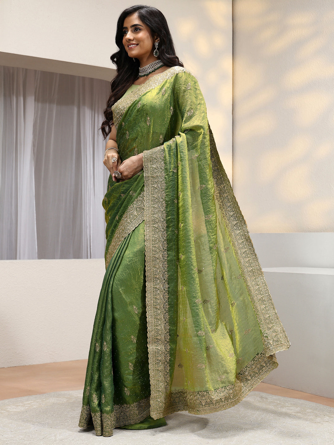 Fern Green Floral Embroidered Tissue Saree