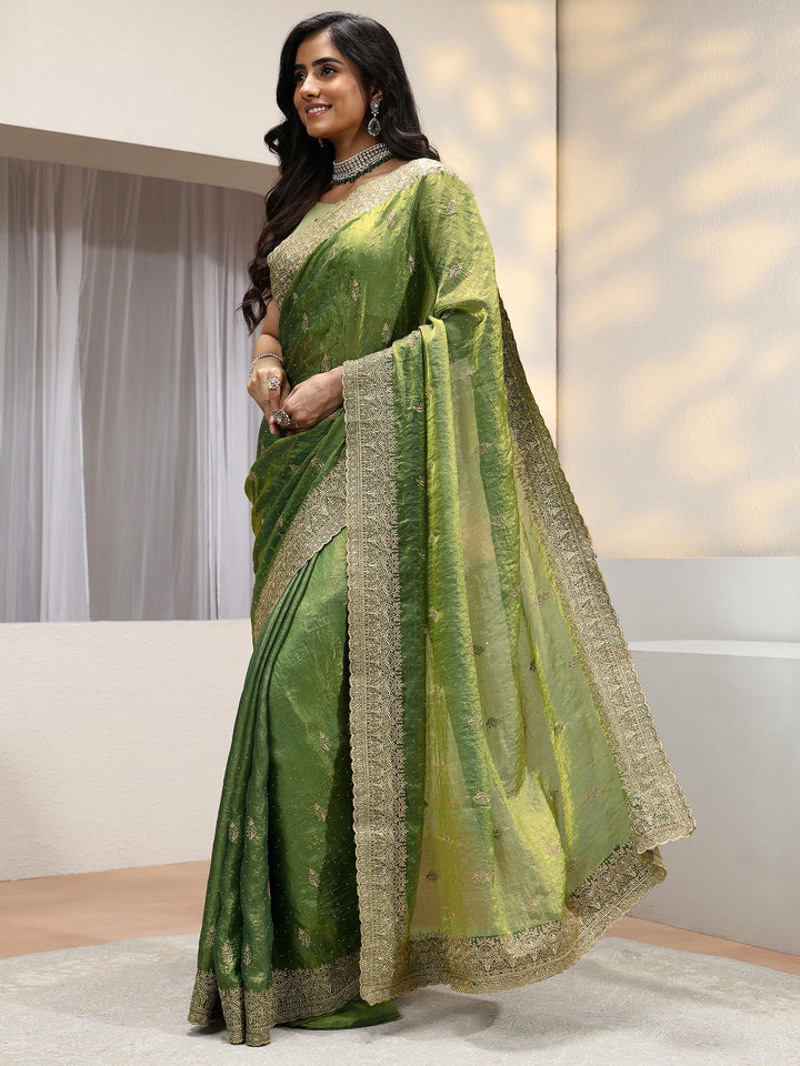 Fern Green Floral Embroidered Tissue Saree