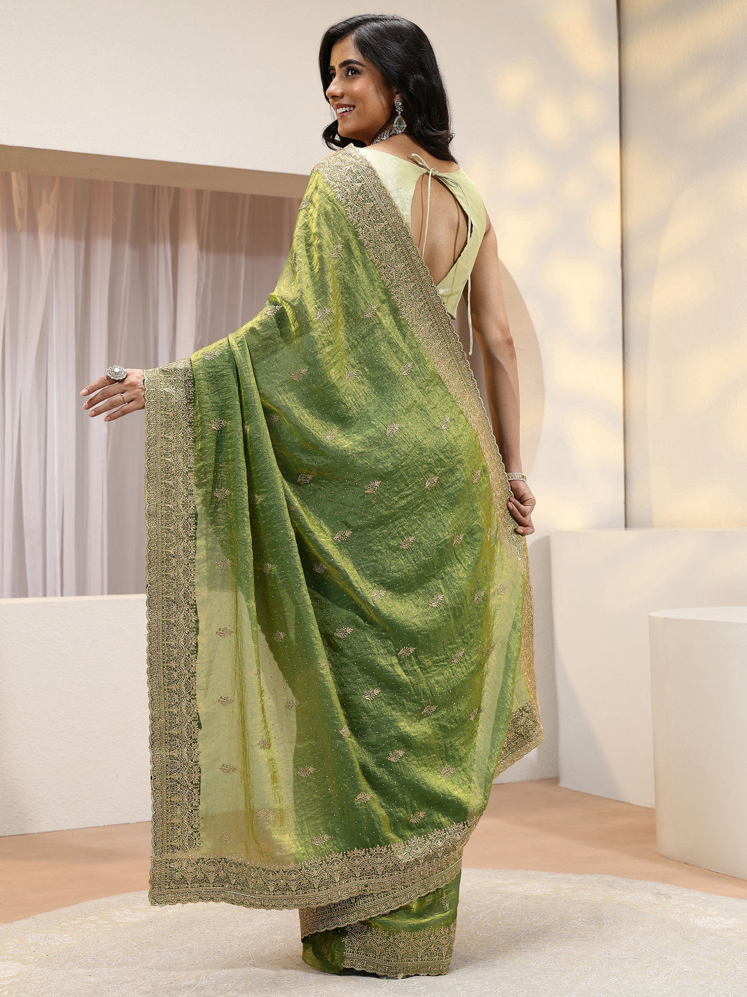 Fern Green Floral Embroidered Tissue Saree