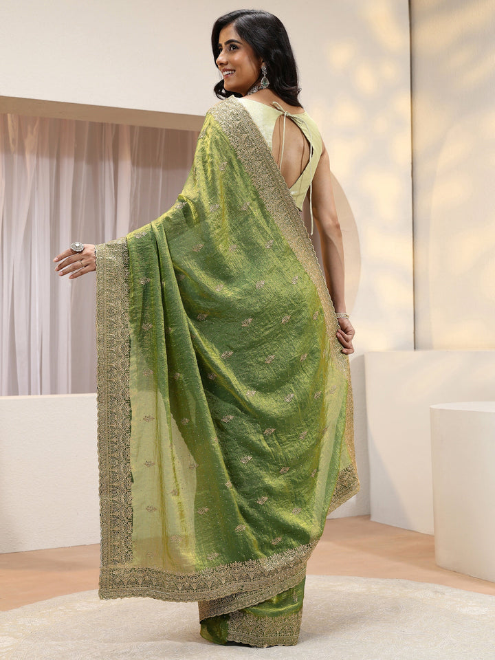 Fern Green Floral Embroidered Tissue Saree