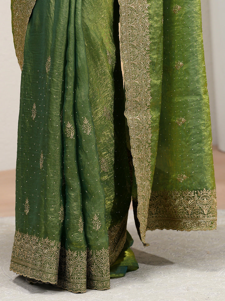 Fern Green Floral Embroidered Tissue Saree