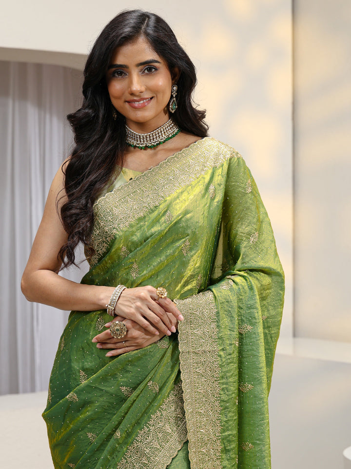 Fern Green Floral Embroidered Tissue Saree