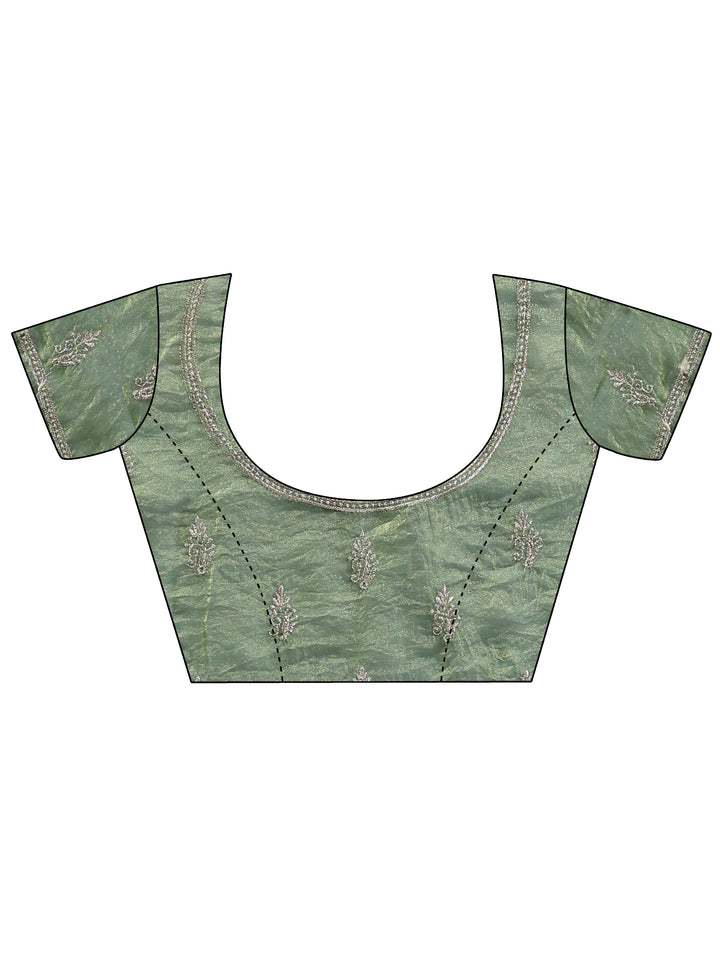 Fern Green Floral Embroidered Tissue Saree