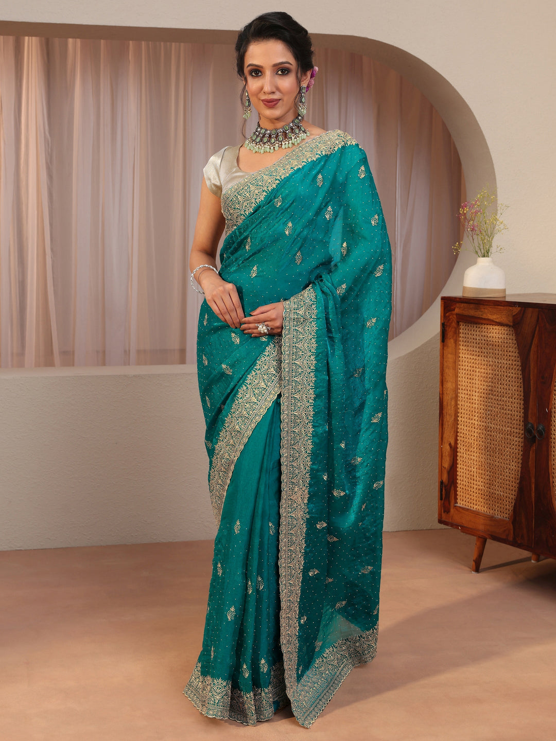 Green Tissue Saree With Embellished Border