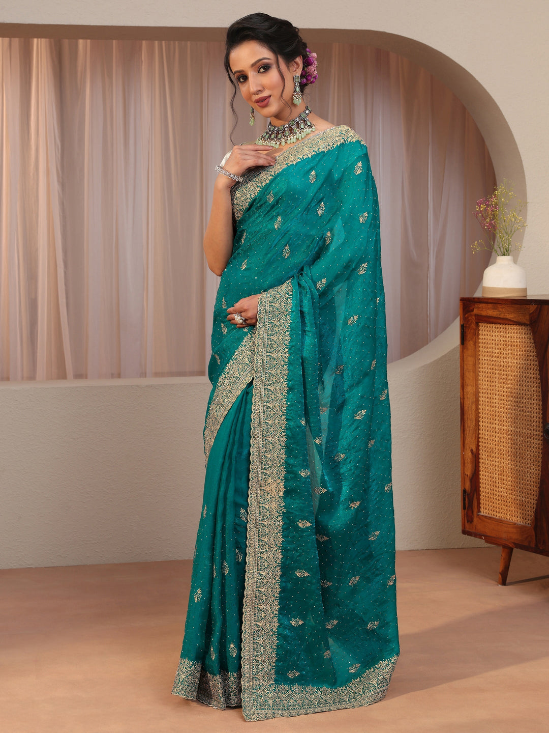 Green Tissue Saree With Embellished Border