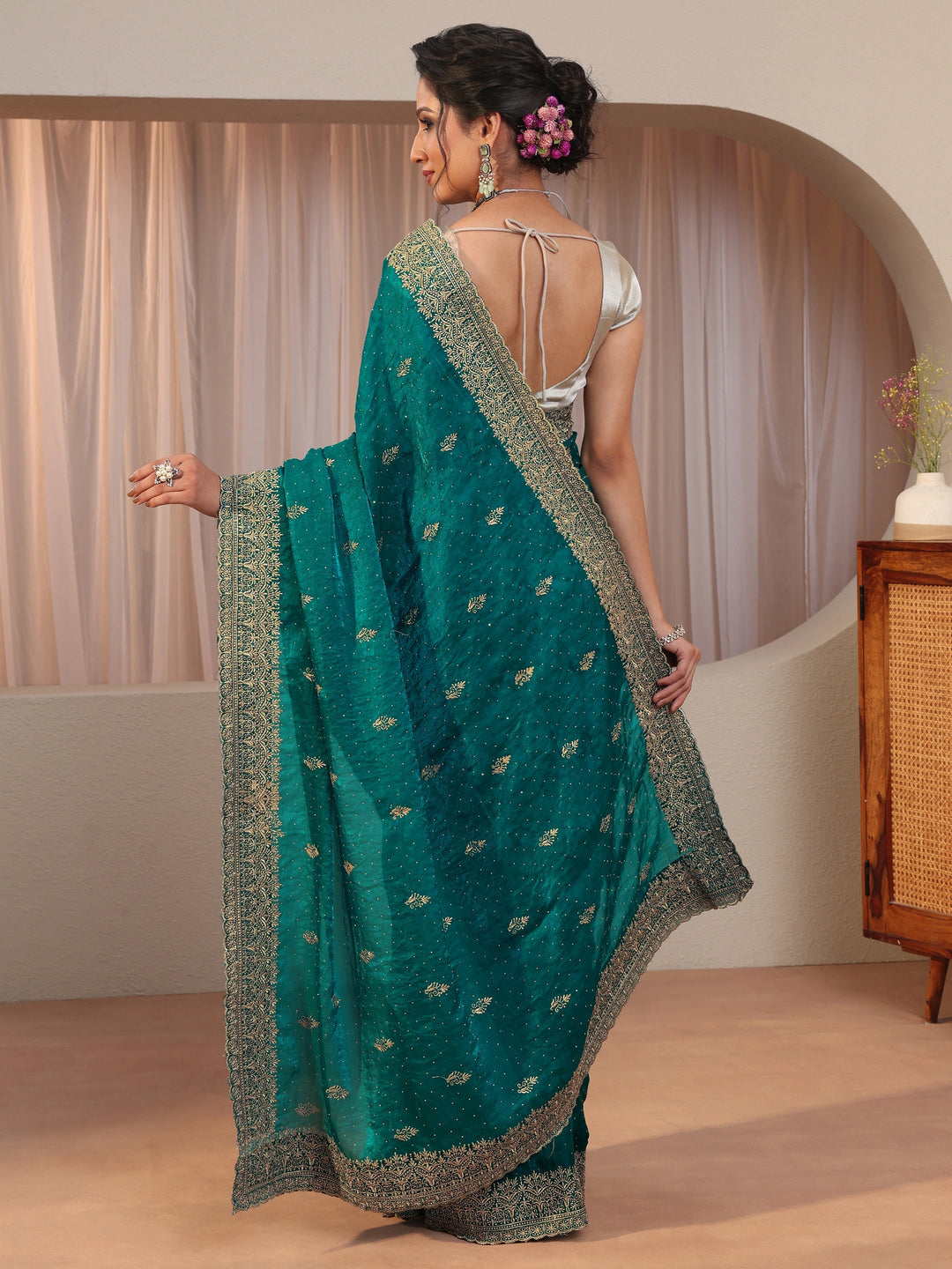 Green Tissue Saree With Embellished Border