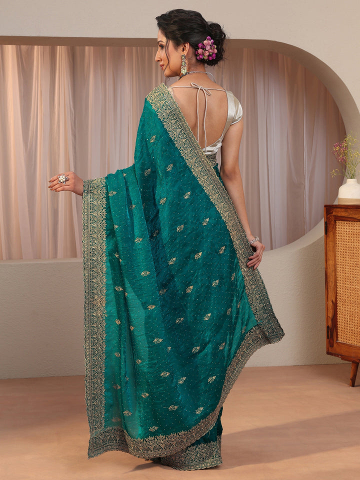 Green Tissue Saree With Embellished Border