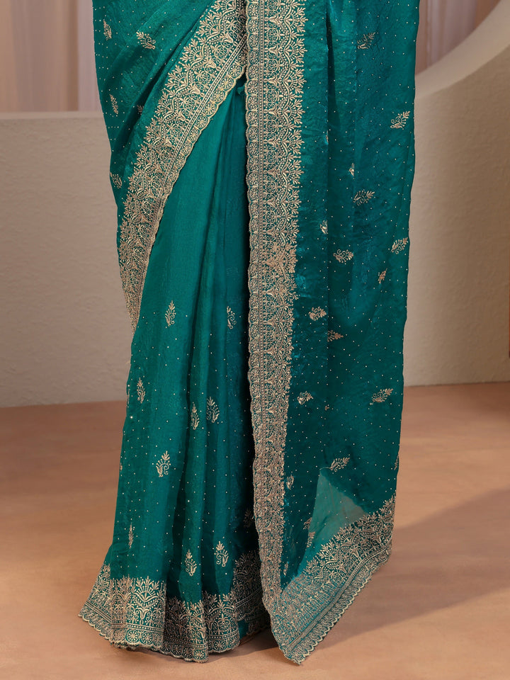 Green Tissue Saree With Embellished Border