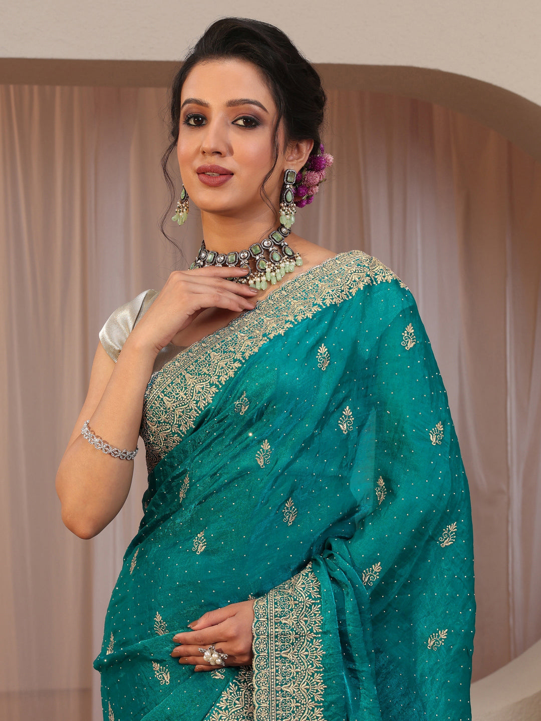 Green Tissue Saree With Embellished Border