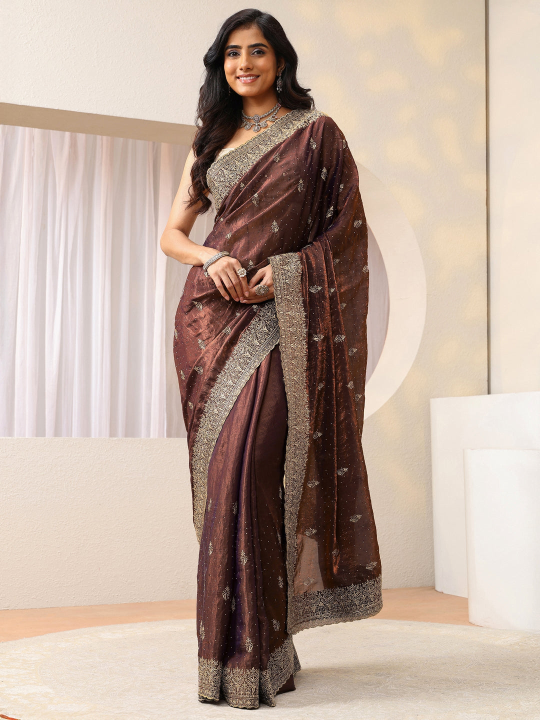 Mahogany Brown Floral Embroidered Tissue Saree