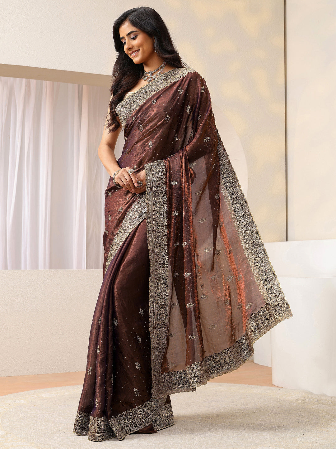 Mahogany Brown Floral Embroidered Tissue Saree
