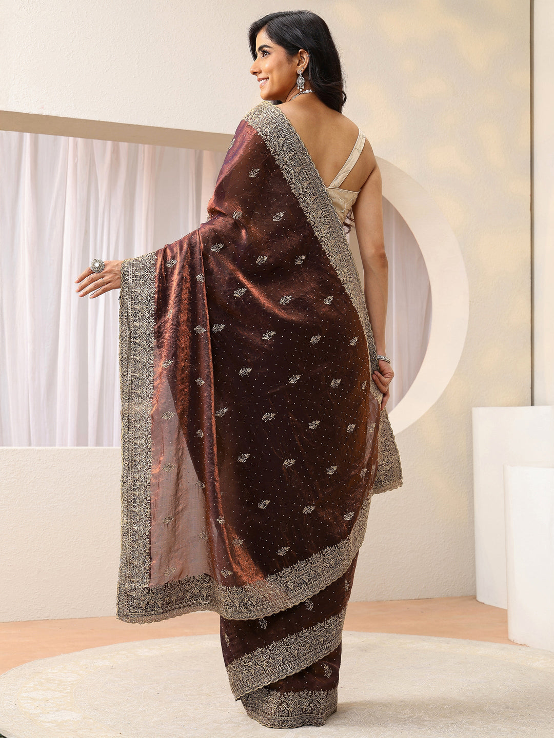 Mahogany Brown Floral Embroidered Tissue Saree