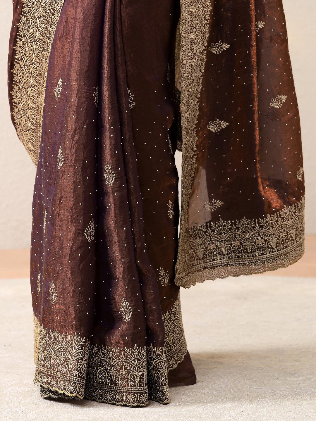 Mahogany Brown Floral Embroidered Tissue Saree