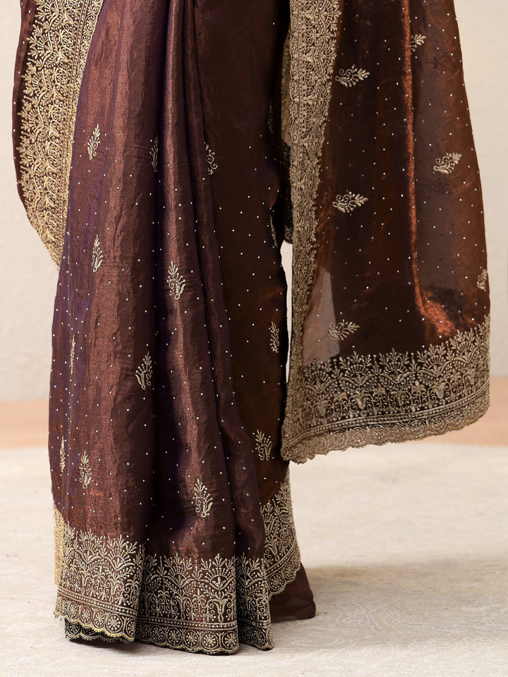 Mahogany Brown Floral Embroidered Tissue Saree