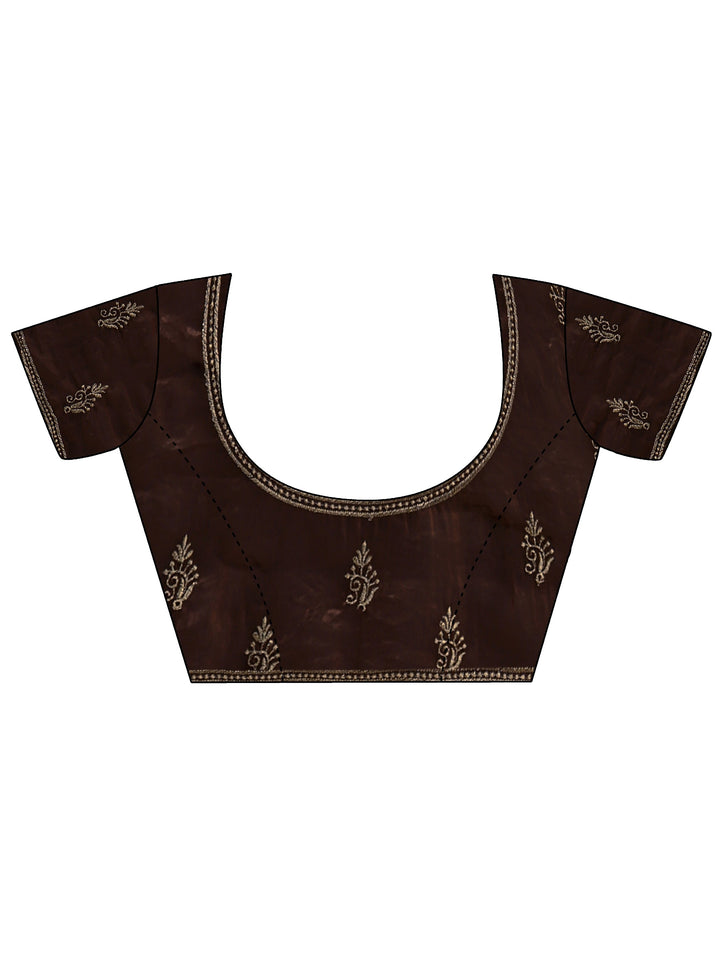 Mahogany Brown Floral Embroidered Tissue Saree