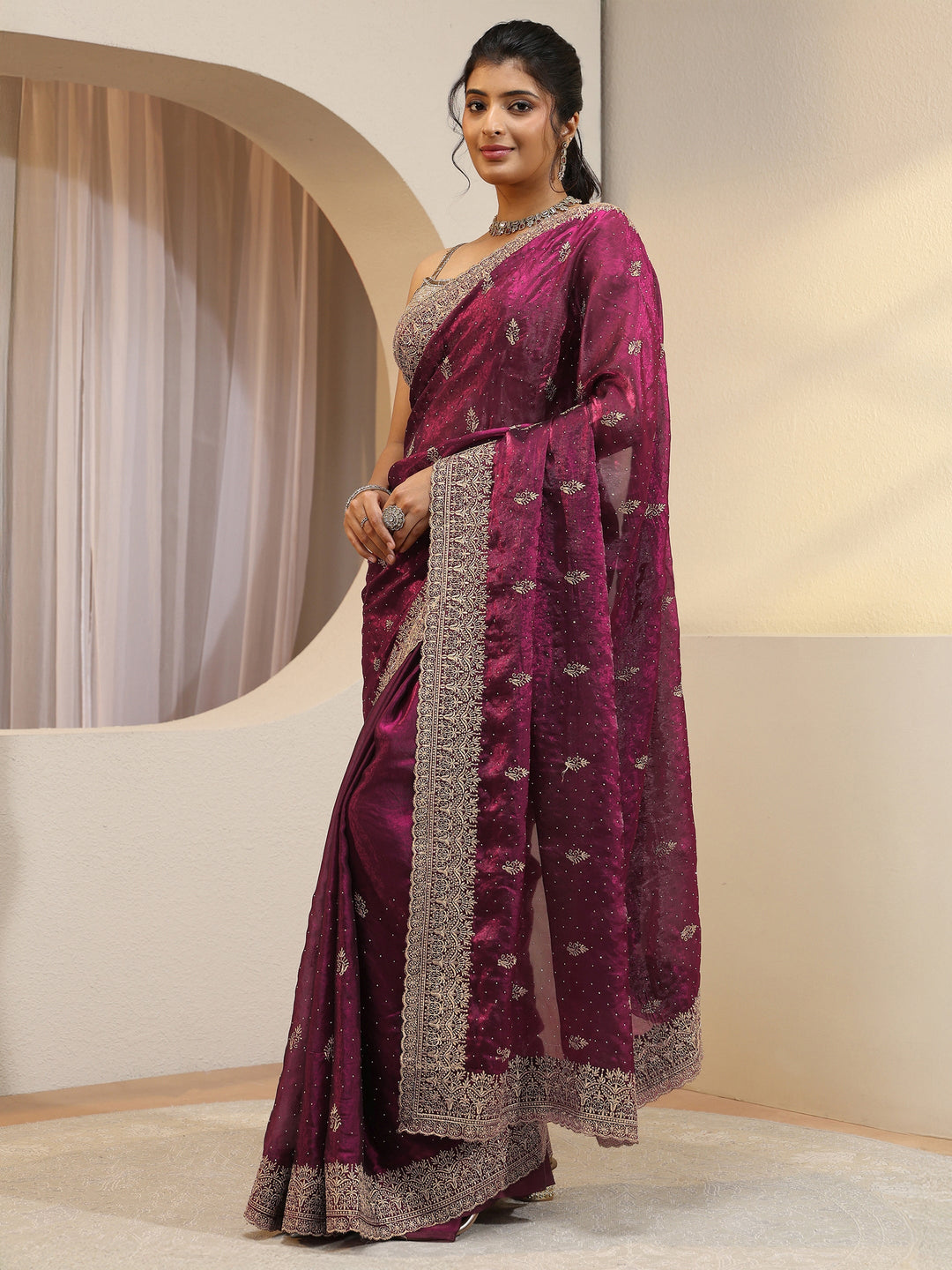 Burgundy Floral Embroidered Tissue Saree