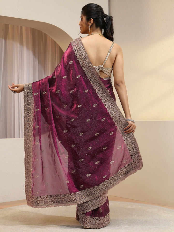 Burgundy Floral Embroidered Tissue Saree