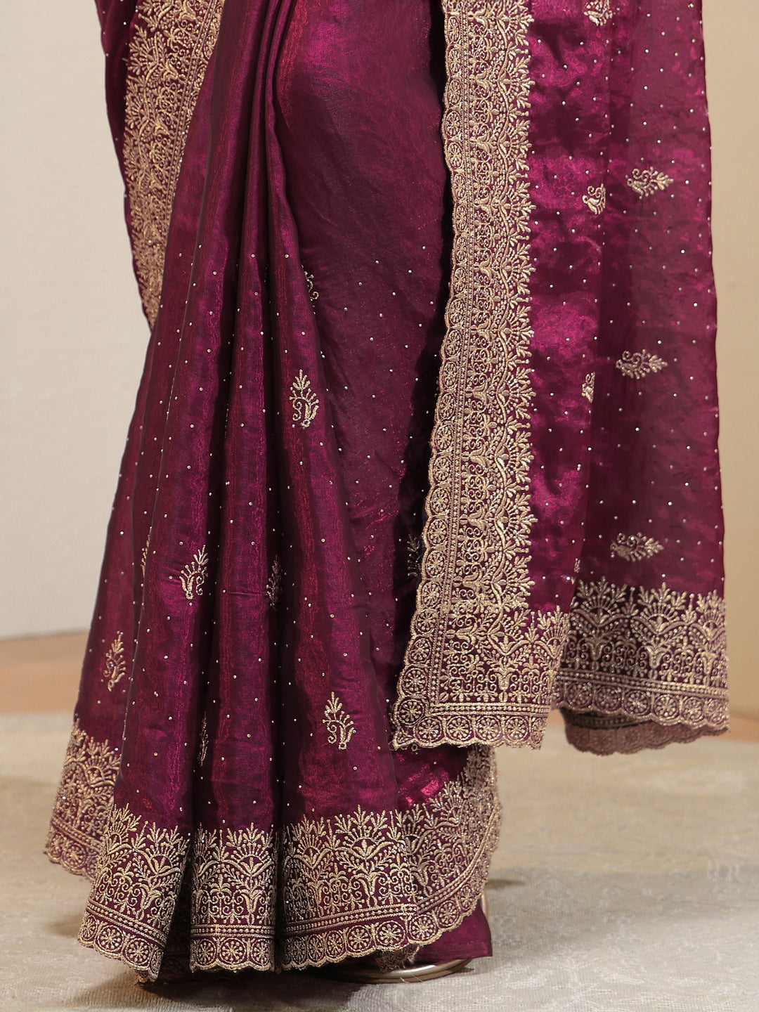 Burgundy Floral Embroidered Tissue Saree
