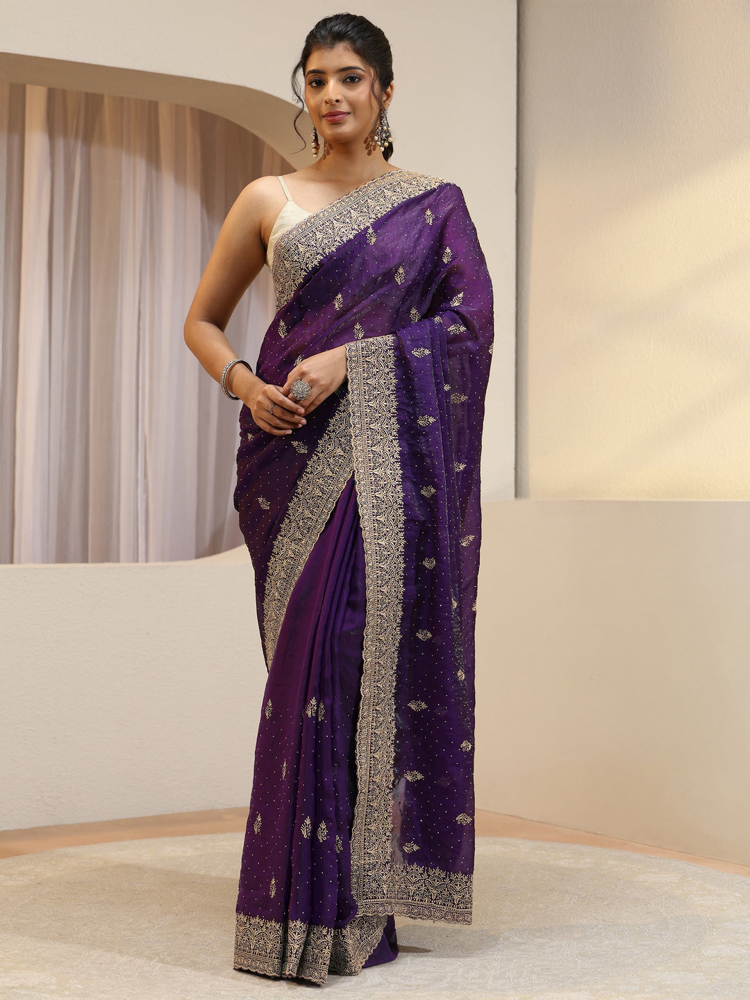 Aubergine Tissue Saree With Embellished Border
