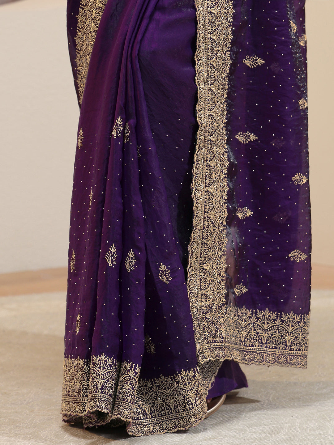 Aubergine Tissue Saree With Embellished Border