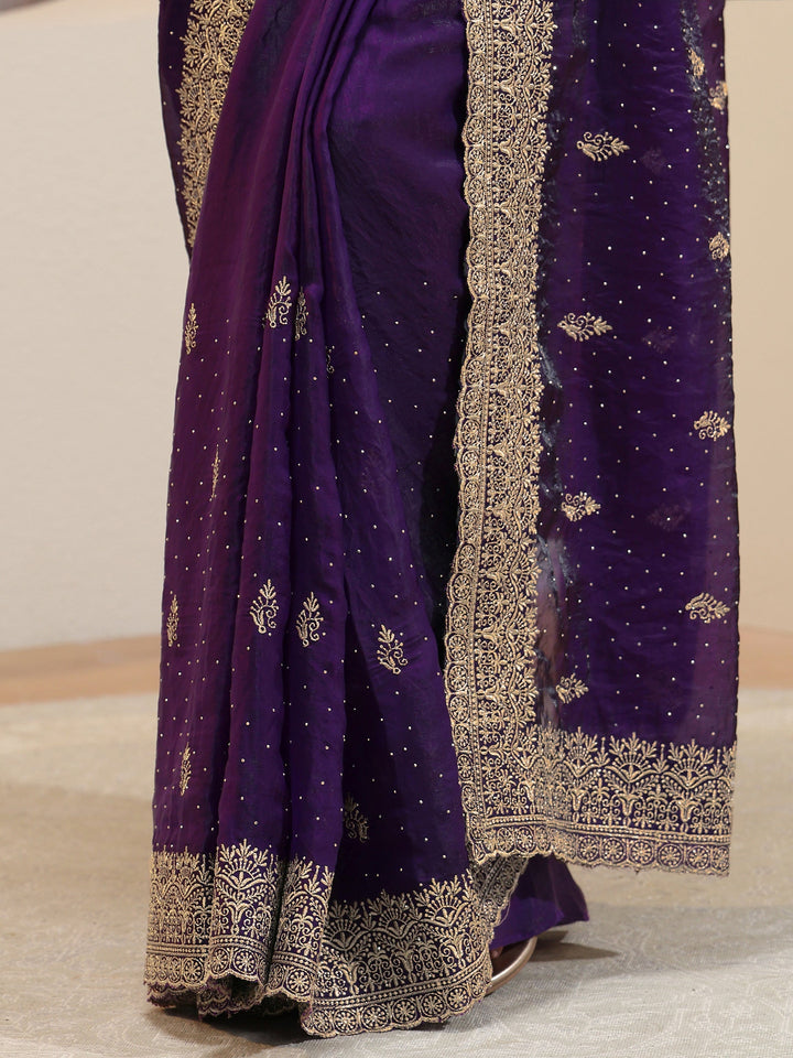 Aubergine Tissue Saree With Embellished Border