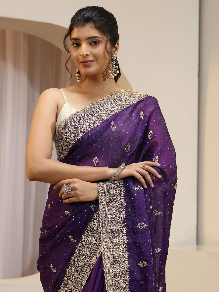 Aubergine Tissue Saree With Embellished Border