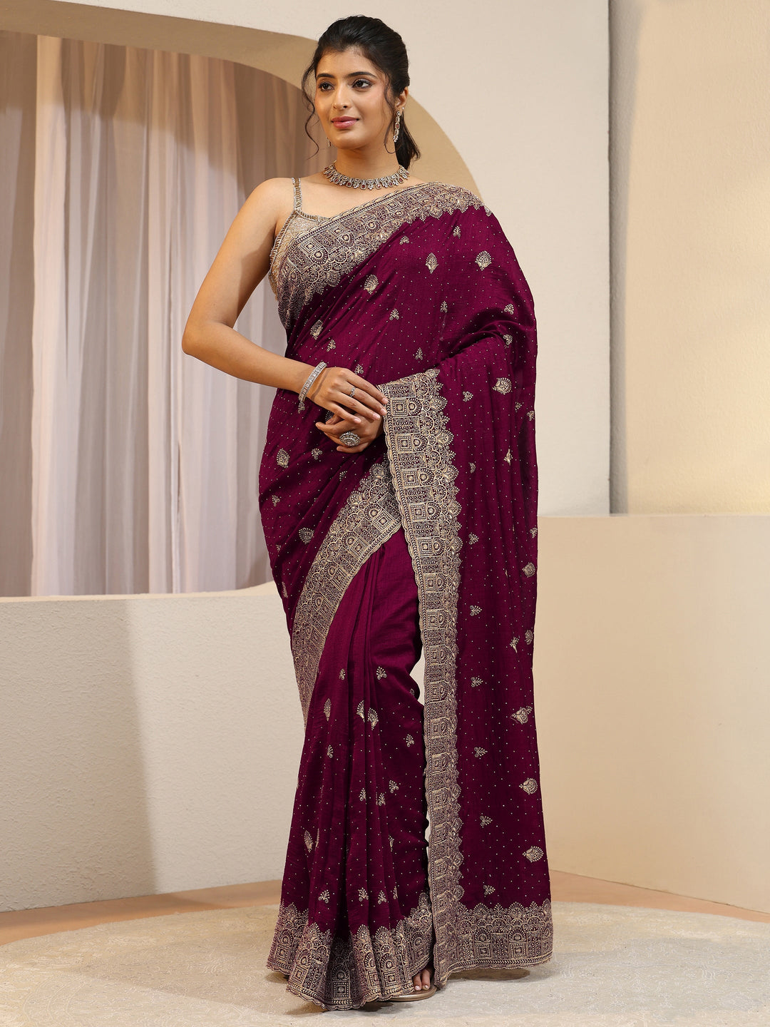 Maroon Tissue Saree With Embellished Border