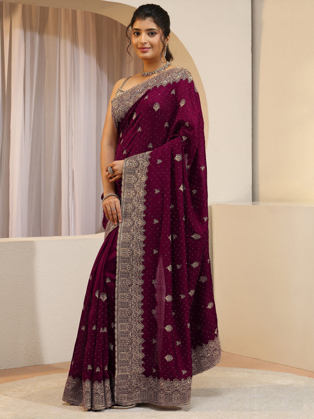 Maroon Tissue Saree With Embellished Border