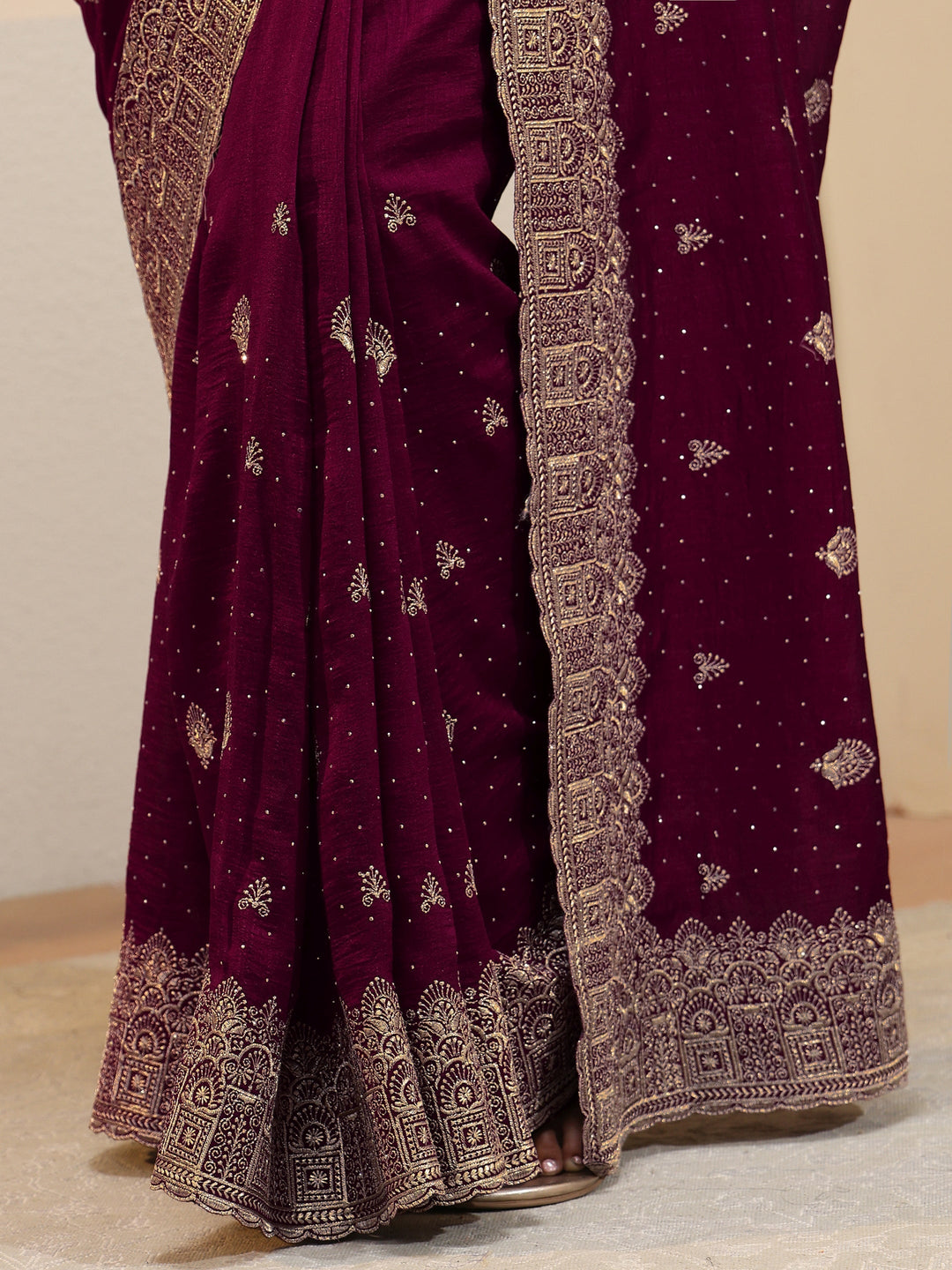 Maroon Tissue Saree With Embellished Border