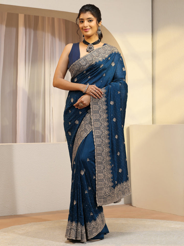 Prussian Blue Tissue Saree With Embellished Border