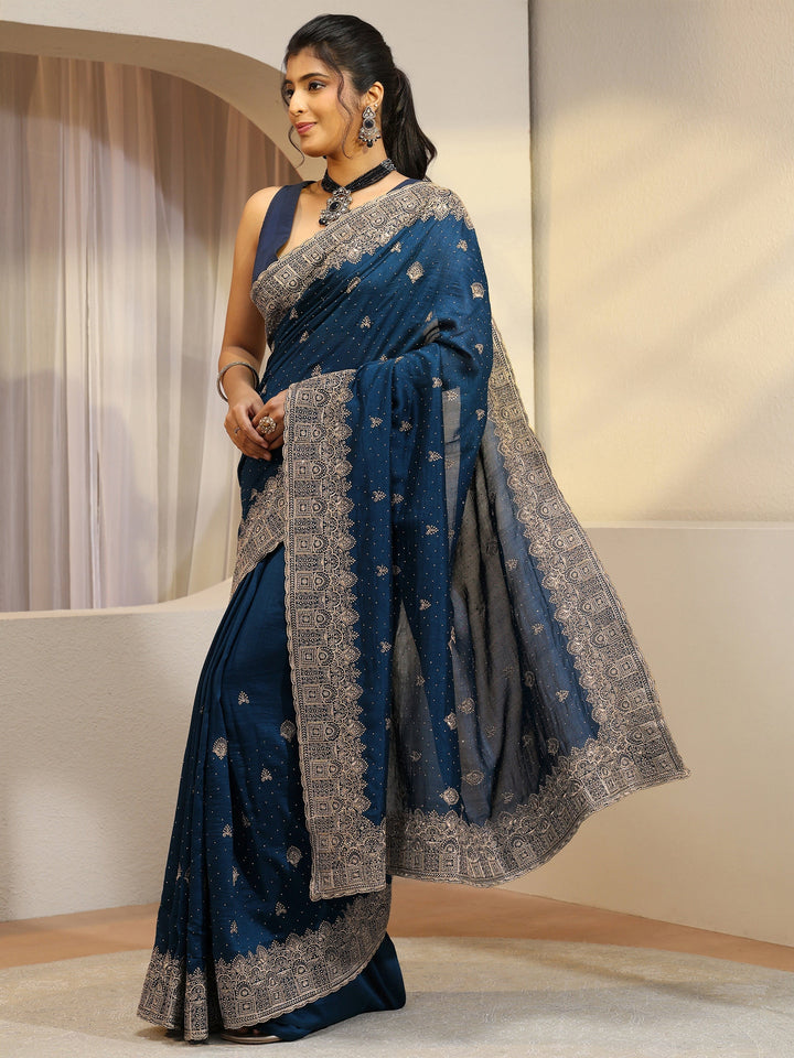 Prussian Blue Tissue Saree With Embellished Border