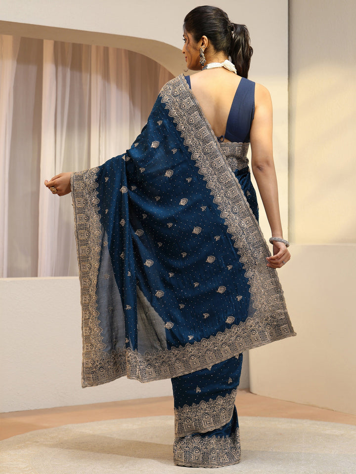 Prussian Blue Tissue Saree With Embellished Border