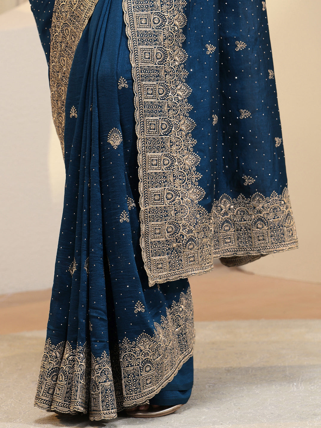Prussian Blue Tissue Saree With Embellished Border