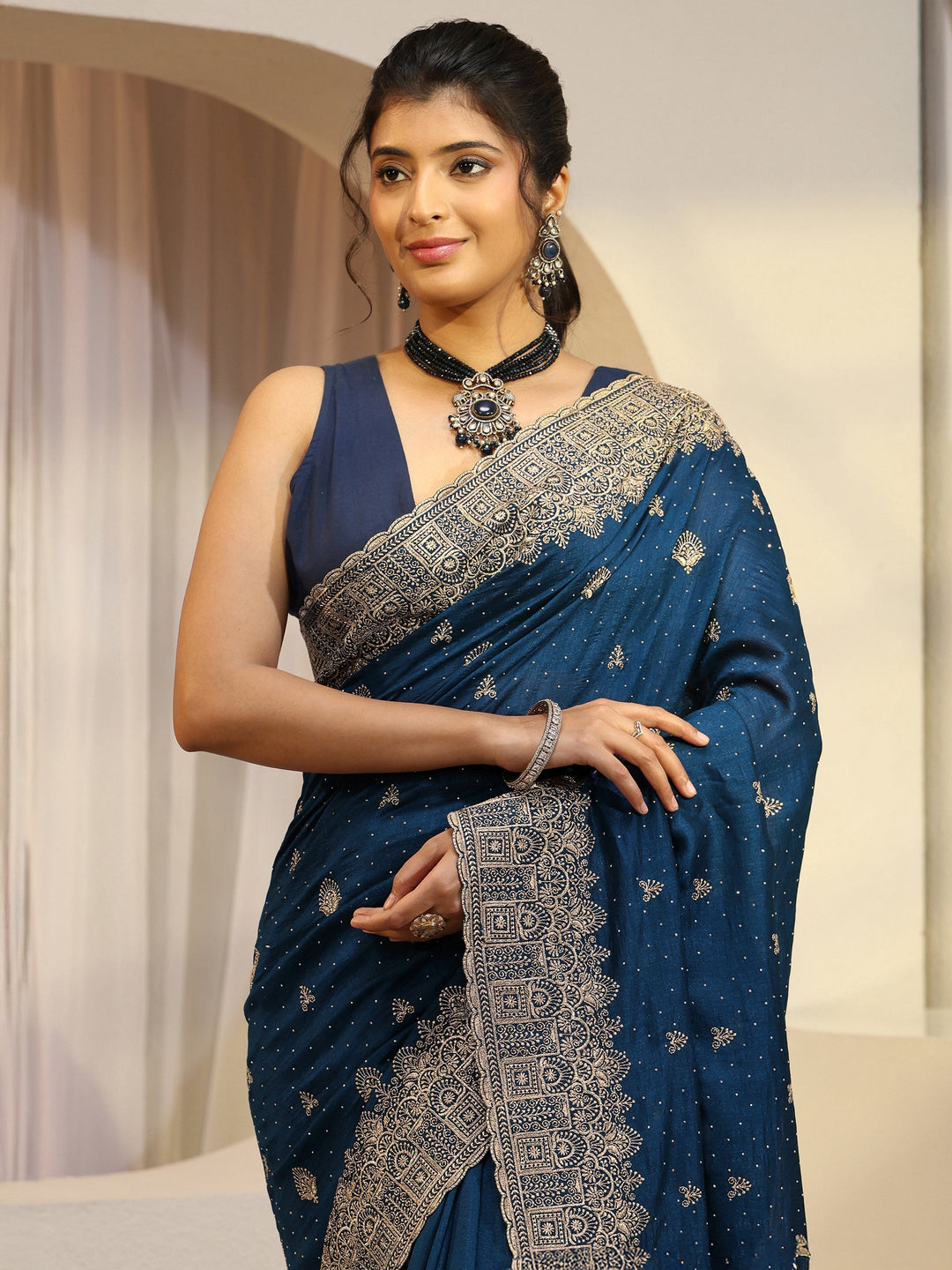 Prussian Blue Tissue Saree With Embellished Border