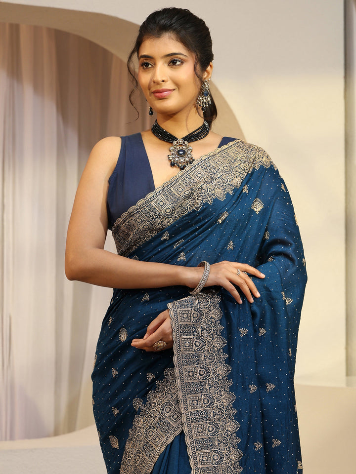 Prussian Blue Tissue Saree With Embellished Border