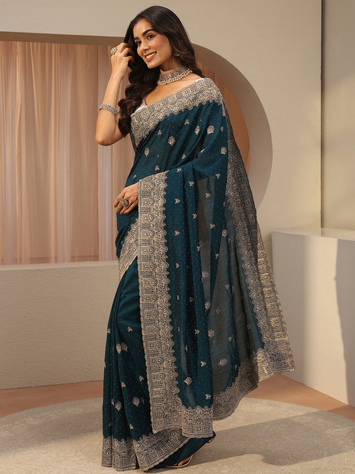 Teal Tissue Saree With Embellished Border