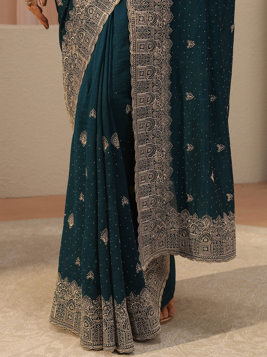 Teal Tissue Saree With Embellished Border
