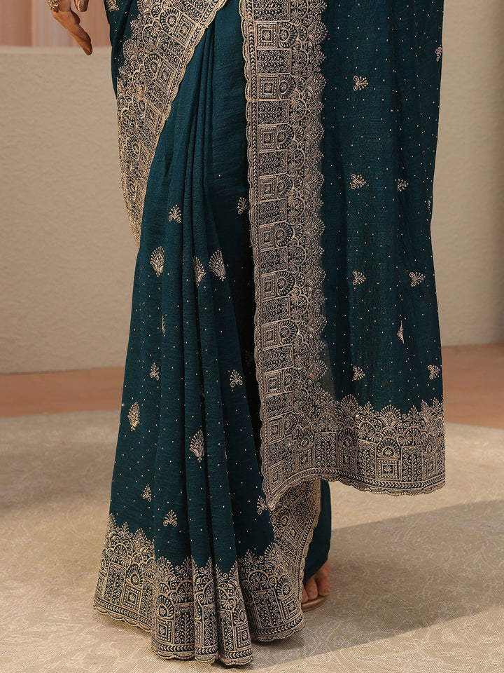 Teal Tissue Saree With Embellished Border