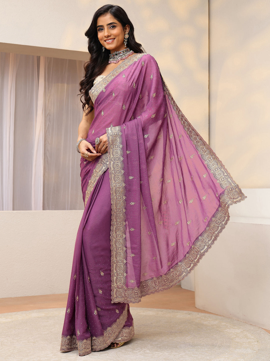 Mulberry Purple Tissue Saree With Embellished Border