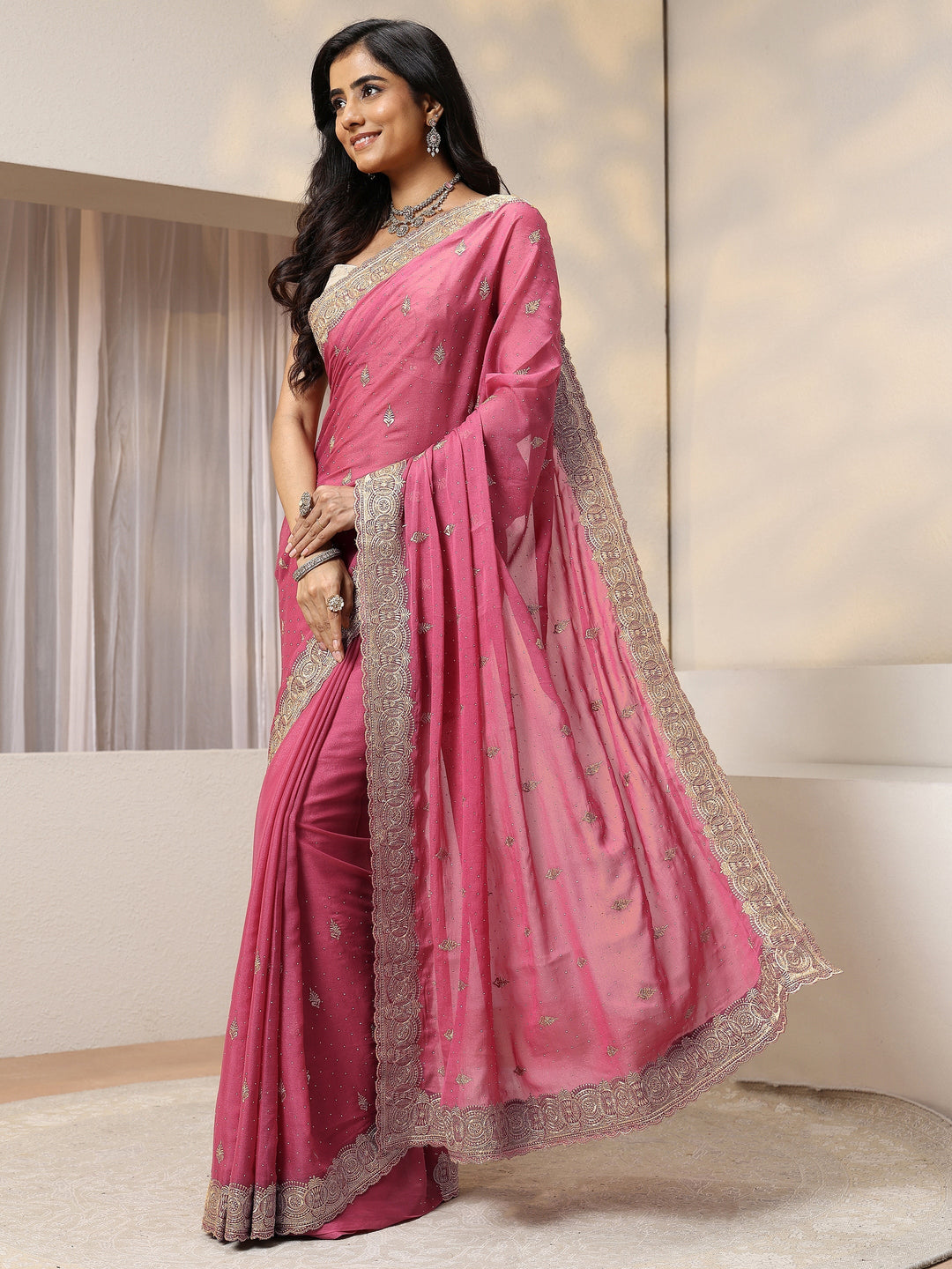 Peach Pink Tissue Saree With Embellished Border